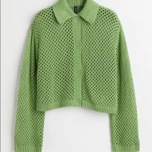 Lime Green Mesh Knit Collared Cardigan
